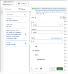 Screenshot showing gender filter settings for female pay block in gender disparity report